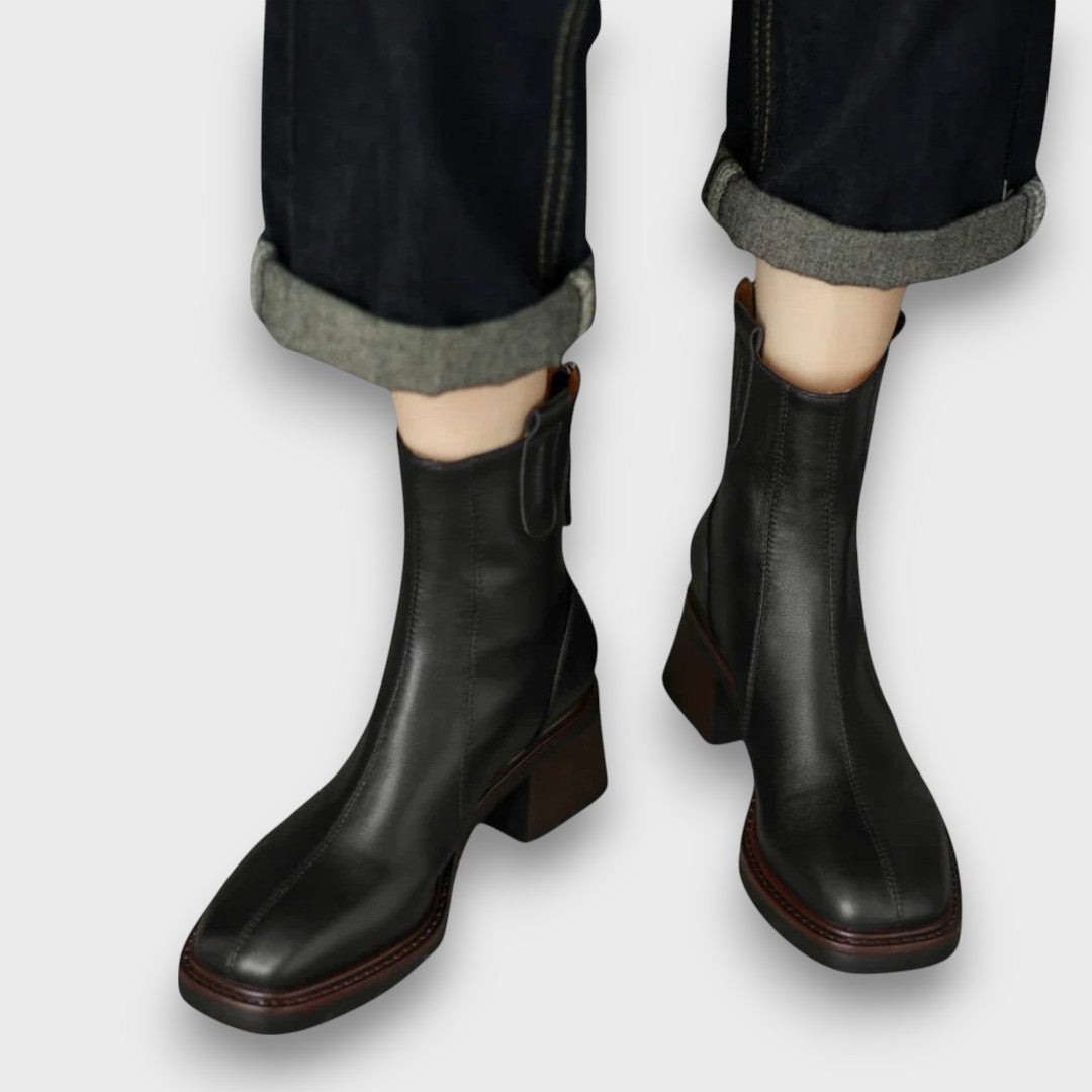 Valentina - Botines de Cuero con Tacón Cuadrado